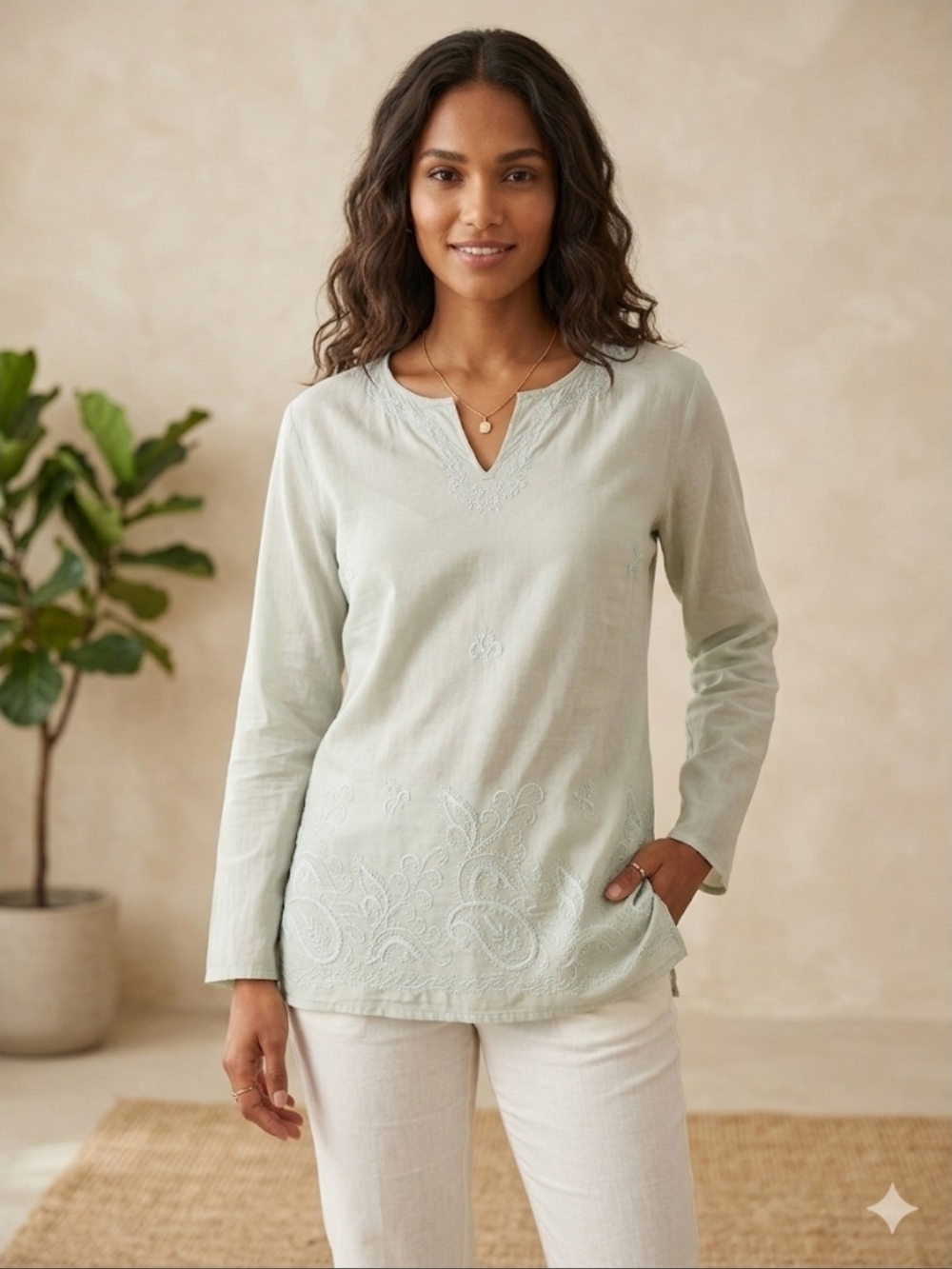 Truworth Sage Embroidered Long-Sleeve Women's Top 100% Cotton